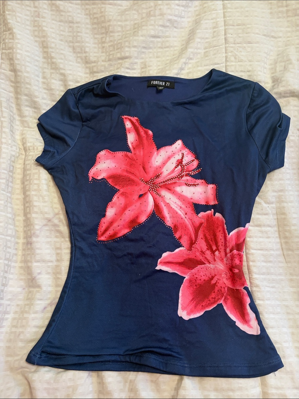 Forever 21 Navy Tee with Large Pink Floral Accent